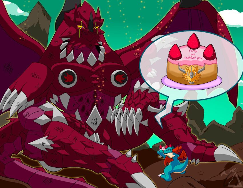 cake digimon digimon_(creature) digimon_xros_wars dorbickmon dracomon food fruit highres horns strawberry tail wings zekegreymon