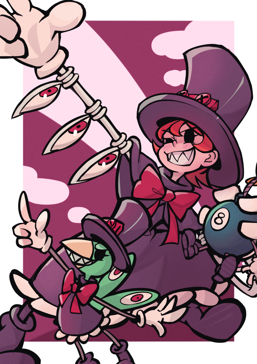 1girl absurdres avery_(skullgirls) boots border cyborg dress frilled_dress frills george_the_bomb gloves grin hat highres index_finger_raised onozawa_(buresu21) orange_hair peacock_(skullgirls) pointing purple_background sharp_teeth short_hair skullgirls smile teeth top_hat white_border