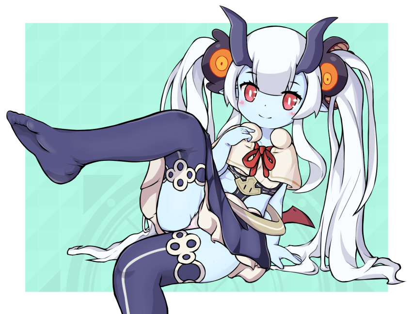 1girl arum_(world_flipper) blue_horns blue_skin blue_skirt capelet colored_skin foot_out_of_frame highres horns leg_up long_hair looking_at_viewer low_wings mwm5 red_eyes sitting skirt solo thighhighs twintails very_long_hair white_capelet white_hair wings world_flipper