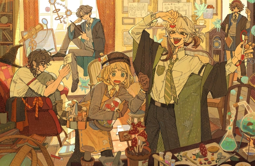 1girl 1other 3boys :d alcohol_burner apron arm_up bell_jar black_cloak black_footwear black_hair black_pants black_sclera blonde_hair blue_eyes blue_necktie blue_skirt bob_cut book book_stack bookshelf brown_gloves brown_hair brown_headwear chair cloak clock closed_mouth colored_sclera colored_tips couch crossword_puzzle day enigma_(reverse:1999) erlenmeyer_flask ezra_theodore fairy flask flower_pot furrowed_brow gloves grandfather_clock green_necktie grey_hair grey_pants grey_sweater gryffindor hairband hand_up hands_up harry_potter_(series) hat head_rest heterochromia highres hogwarts_school_uniform holding holding_book holding_jar holding_mushroom holding_paper holding_test_tube holding_wand hufflepuff hugging_own_legs indoors jar knee_up knees_up leaning_forward looking_at_object medicine_pocket medium_hair mesmer_jr. miniskirt mismatched_sclera mortar_(bowl) multicolored_hair multiple_boys mushroom necktie on_couch open_mouth opening_door pants paper pencil pestle picture_frame ponytail profile ravenclaw red_curtains red_hairband reverse:1999 round-bottom_flask school_uniform sharp_teeth shirt short_hair short_ponytail shuiliuliu single_off_shoulder sitting sitting_in_window skirt sleeves_rolled_up slytherin smile socks sweater table tearing_up teeth telescope test_tube test_tube_rack tongue tongue_out tool_kit unworn_cloak unworn_hat unworn_headwear wand white_hair white_shirt white_socks wizard_hat wizarding_world x_(reverse:1999) yellow_apron yellow_eyes yellow_necktie