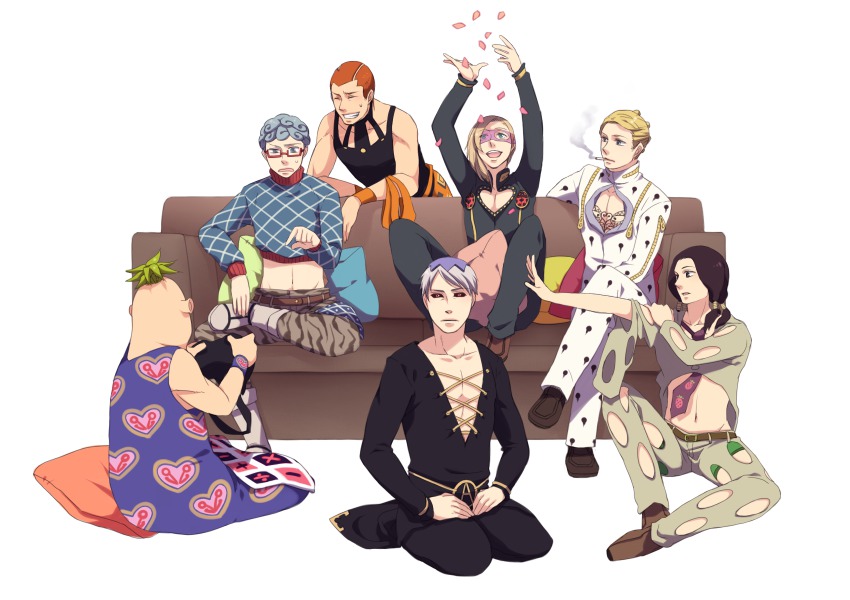 6+boys bruno_bucciarati bruno_bucciarati_(cosplay) cosplay costume_switch formaggio ghiaccio giorno_giovanna giorno_giovanna_(cosplay) guido_mista guido_mista_(cosplay) hanaichi_(hana13) highres illuso jojo_no_kimyou_na_bouken leone_abbacchio leone_abbacchio_(cosplay) leone_abbachio_(cosplay) melone multiple_boys narancia_ghirga narancia_ghirga_(cosplay) pannacotta_fugo pannacotta_fugo_(cosplay) pesci prosciutto risotto_nero simple_background vento_aureo