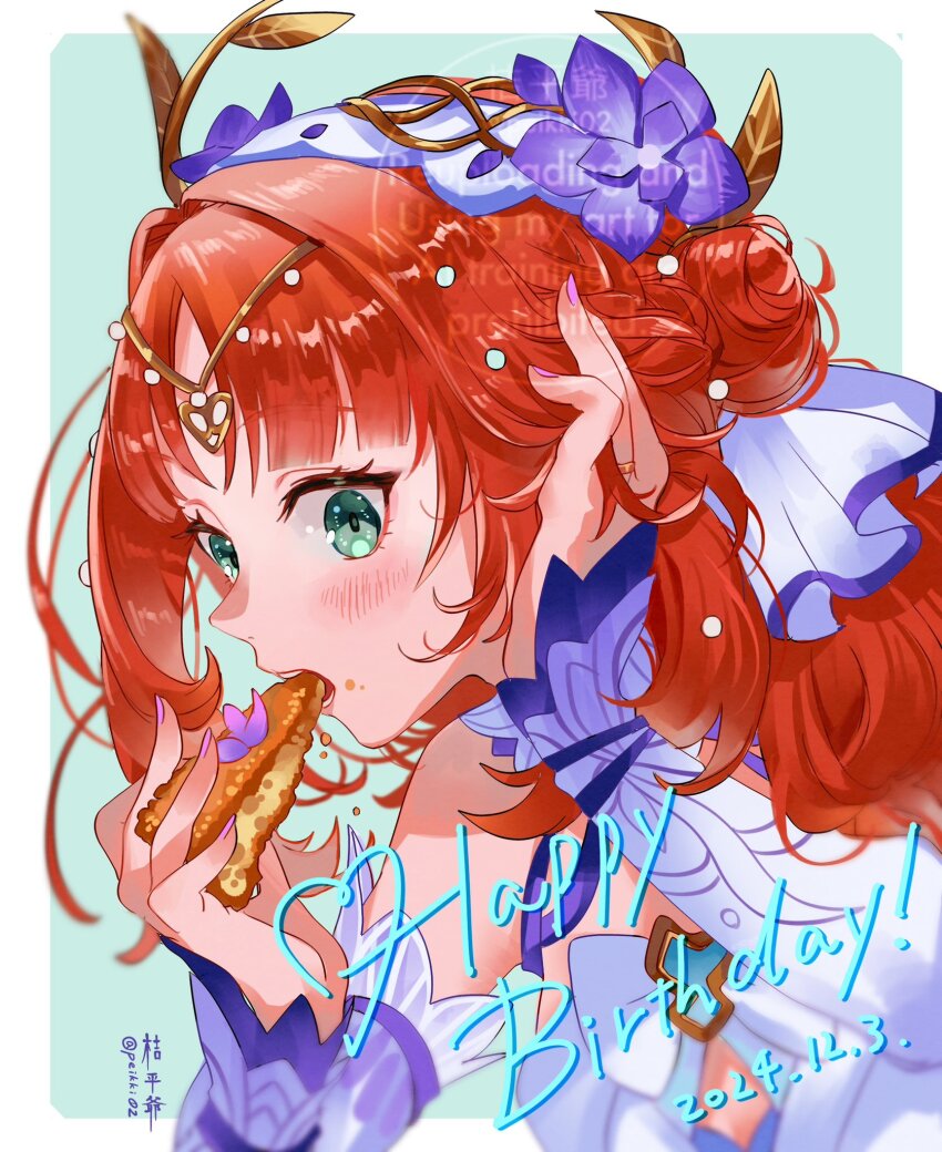1girl aqua_background aqua_eyes artist_name blue_sleeves blush border circlet commentary_request dated detached_sleeves double_bun dress eating eyelashes fingernails flower food food_on_face genshin_impact gold_ring gradient_sleeves hair_bun hair_flower hair_intakes hair_ornament hands_up happy_birthday highres holding holding_food jewelry kippeijii long_hair long_sleeves looking_at_viewer low_twintails nail_polish nilou_(breeze_of_sabaa)_(genshin_impact) nilou_(genshin_impact) official_alternate_costume open_mouth outside_border parted_bangs pink_nails purple_flower red_hair ring solo tahchin teeth twintails twitter_username upper_body watermark white_border white_dress white_sleeves
