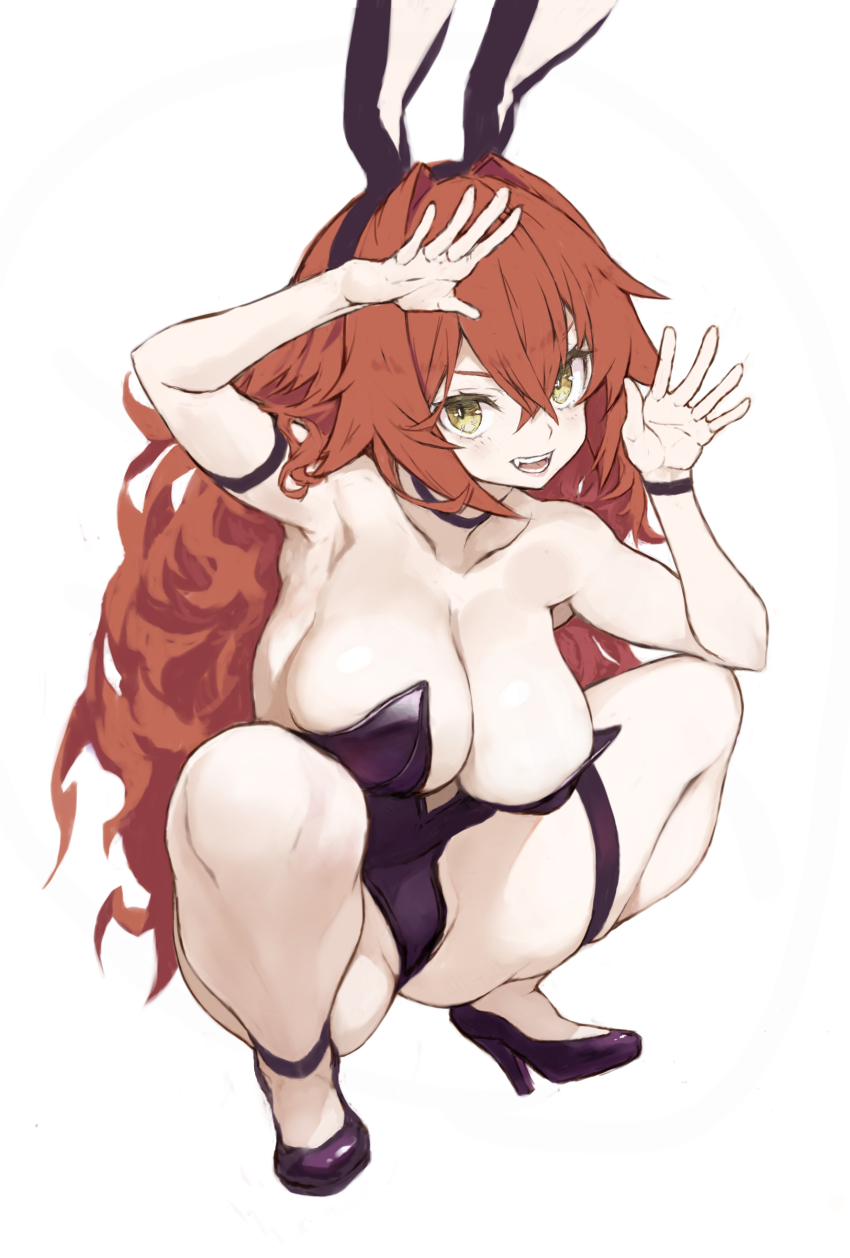 1girl absurdres alternate_costume animal_ears bare_shoulders black_choker black_leotard black_shoes breasts choker cleavage commentary crossed_bangs fake_animal_ears fang hair_between_eyes hands_up high_heels highleg highleg_leotard highres kantai_collection large_breasts leotard long_hair looking_at_viewer open_mouth phoenix_(kancolle) playboy_bunny rabbit_ears red_hair ryo_(tg290) shoes simple_background skindentation solo squatting strapless strapless_leotard thigh_strap very_long_hair white_background yellow_eyes