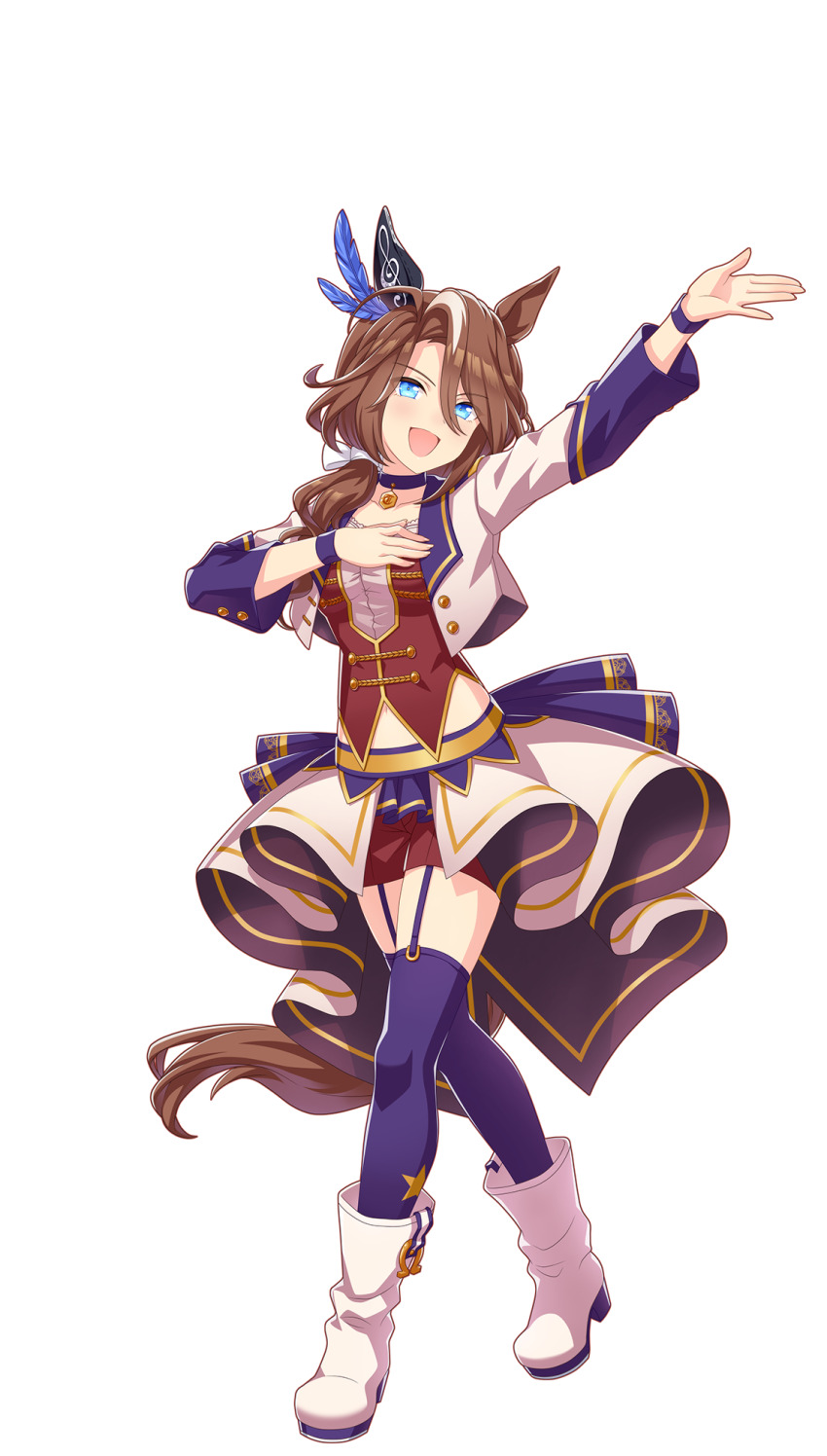 1girl animal_ears arm_up blue_eyes blue_feathers breasts brown_hair choker crossed_legs ear_covers ear_ornament feather_hair_ornament feathers full_body hair_between_eyes hair_ornament hair_tie hairband hand_on_own_chest highres horse_ears horse_girl horse_tail jacket long_sleeves midriff multicolored_hair navel official_art open_mouth purple_thighhighs quill red_shorts shorts simple_background single_ear_cover solo sounds_of_earth_(umamusume) standing starting_future_(umamusume) streaked_hair tachi-e tail thigh_strap thighhighs transparent_background treble_clef umamusume white_hair white_hairband white_jacket