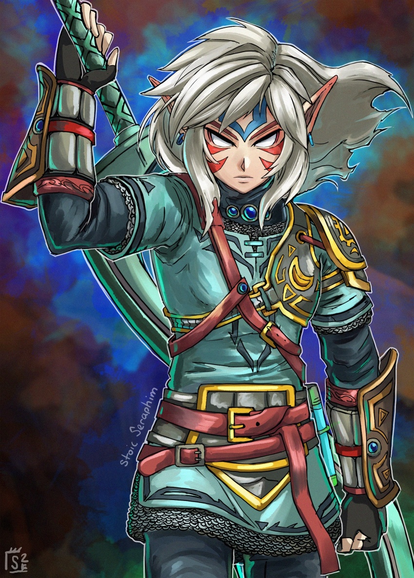 1boy alternate_color alternate_costume alternate_eye_color alternate_hair_color alternate_weapon armor aura belt belt_buckle blue_gemstone brown_belt buckle chest_jewel commentary corruption crescent crescent_print crossover dark_aura dark_persona double_helix earrings english_commentary facial_mark facial_tattoo fierce_deity fingerless_gloves frown gem gloves glowing hal_laboratory highres holding holding_sword holding_weapon in-franchise_crossover jewelry link long_sleeves looking_at_viewer male_focus medium_hair nintendo pauldrons pointy_ears possessed possession serious shoulder_armor single_pauldron stoic_seraphim super_smash_bros. sword tattoo the_legend_of_zelda the_legend_of_zelda:_breath_of_the_wild the_legend_of_zelda:_majora&#039;s_mask triangle triangle_print weapon white_eyes white_hair wrist_guards