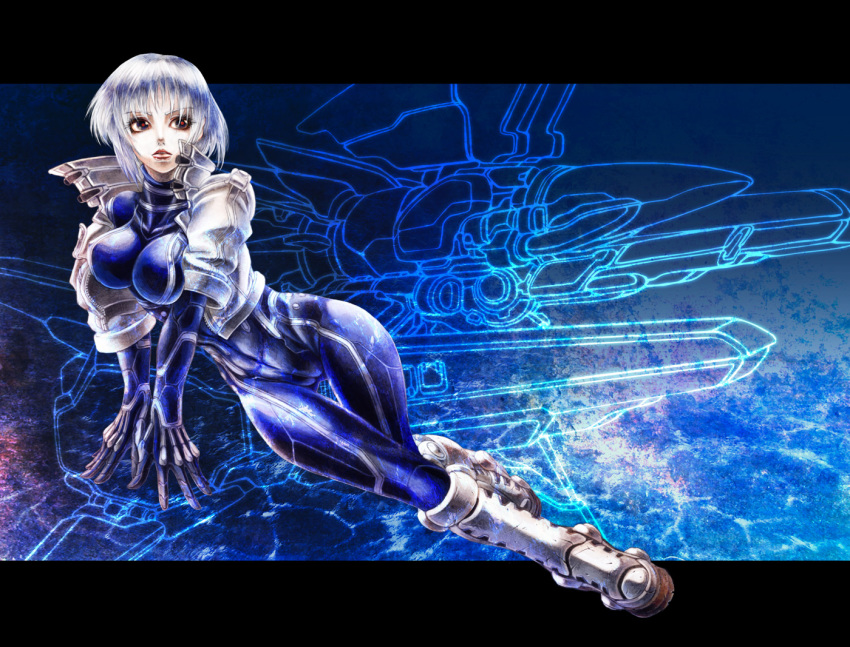 1girl bad_id bad_pixiv_id blue_eyes bodysuit boots border breast_press breasts cameltoe cenes_crawford covered_erect_nipples cropped_jacket female_focus hip_focus impossible_clothes jacket key-chang kinei knee_boots large_breasts letterboxed lips open_clothes open_jacket outside_border pussy rvr-01_gauntlet short_hair silver_hair skin_tight solo spacecraft starfighter thigh_gap thighs thunder_force thunder_force_v
