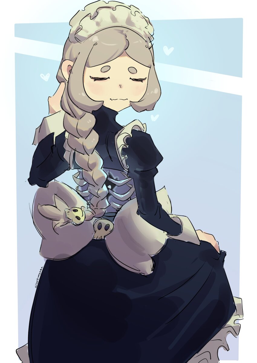 1girl absurdres alternate_hairstyle apron bloody_marie_(skullgirls) blue_background braid braided_ponytail closed_eyes dress fang frilled_apron frilled_dress frills grey_hair hair_ornament heart highres juliet_sleeves long_hair long_sleeves maid_headdress ojiskeleton puffy_sleeves ribs skeleton skin_fang skull_hair_ornament skullgirls smile solo