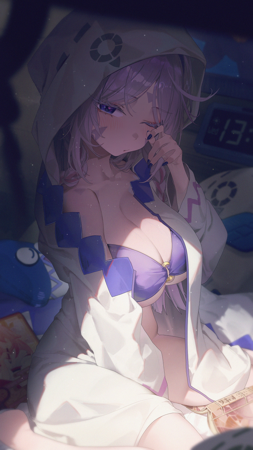 1girl absurdres alarm_clock blue_bra blue_eyes body_markings bottomless bra braid breasts citlali_(genshin_impact) citlalin_(genshin_impact) cleavage clock closed_mouth collarbone commentary_request facial_mark fingernails forehead_mark genshin_impact highres hood hooded_jacket indoors itzpapa_(genshin_impact) jacket large_breasts light_blush long_hair looking_at_viewer low_twin_braids manga_(object) multicolored_hair nail_polish o-ring one_eye_closed partial_commentary pink_hair purple_bra purple_nails rubbing_eyes sitting solo strapless strapless_bra streaked_hair sushispin triangle triangle_facial_mark twin_braids underwear wariza white_jacket yae_miko