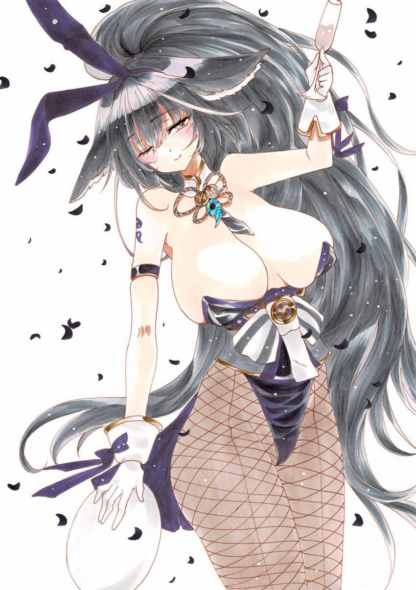 1girl animal_ears azur_lane bare_shoulders black_hair breasts cleavage commentary_request cowboy_shot fake_animal_ears fishnet_pantyhose fishnets fox_girl gloves high-waist_pantyhose high_ponytail highres huge_breasts leotard long_hair looking_at_viewer musashi_(azur_lane) musashi_(the_purple_rabbit&#039;s_marksmanship)_(azur_lane) official_alternate_costume one_eye_closed pantyhose playboy_bunny ponytail purple_leotard simple_background solo strapless strapless_leotard undersized_breast_cup uzuharu_(uduharu) very_long_hair white_background white_gloves yellow_eyes