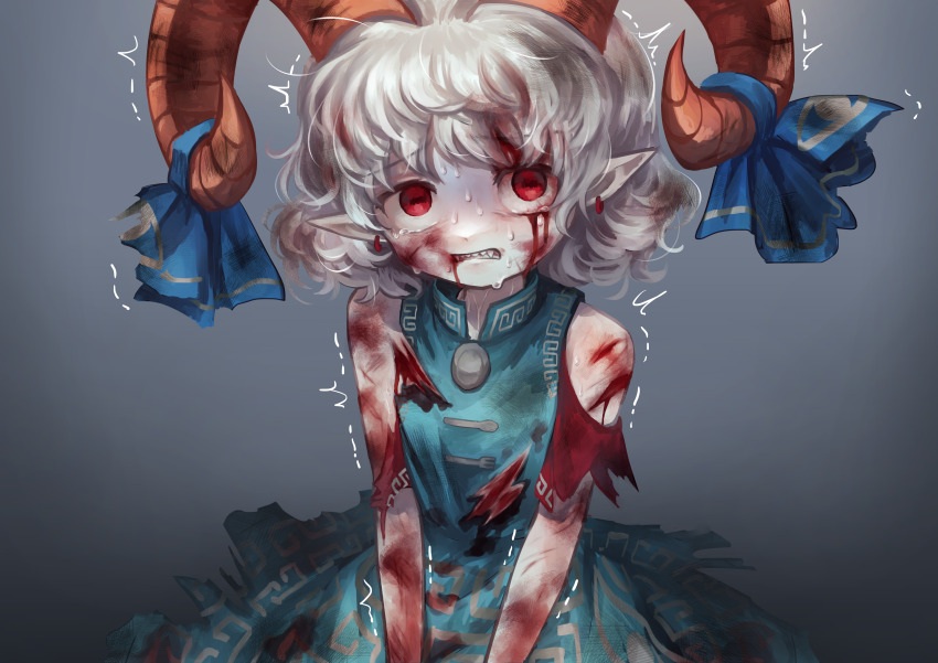 1girl absurdres abuse blood blood_on_arm blood_on_clothes blood_on_face bloody_tears blue_bow blue_dress bow bruise bruise_on_face clenched_teeth commentary_request commission cowboy_shot crying crying_with_eyes_open cuts defeat detached_sleeves dress earrings grey_background hair_bow highres horizontal_pupils horns injury jewelry looking_at_viewer meandros orange_horns patterned_clothing pointy_ears red_eyes red_sleeves ryona sharp_teeth short_hair skeb_commission solo sweat tachibana_yae_(kanzaki_kura) tears teeth torn_clothes torn_dress torn_sleeves touhou toutetsu_yuuma trembling white_hair