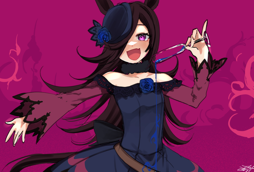 1girl animal_ears bare_shoulders blue_dress blue_flower blue_hat blue_rose breasts brown_hair champagne_flute collarbone commentary_request cup dress drinking_glass fang flower fur_choker hair_over_one_eye hand_up hat highres holding holding_cup horse_ears long_hair looking_at_viewer off-shoulder_dress off_shoulder open_mouth outstretched_arm pouring purple_eyes rice_shower_(umamusume) rose skin_fang small_breasts smile solo tsukasa_(avdx5538) twitter_username umamusume upper_body