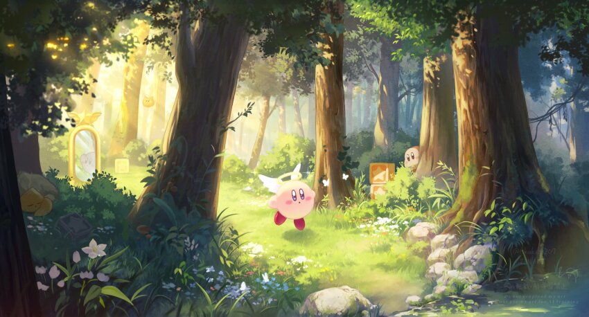 1boy amedama_(akaki_4207) blue_eyes blush_stickers brown_eyes bug bush butterfly closed_eyes colored_skin commentary creature cupid_kirby dappled_sunlight different_reflection droppy flower flying foliage forest glowing_butterfly grass halo highres insect kirby kirby_(series) leaf light_rays lily_pad mirror moss mushroom nature nintendo no_humans no_mouth open_mouth outdoors pink_skin plant plant_roots reflection scarfy scenery sidelighting sleeping sparkle star_block stream sunbeam sunlight symbol-only_commentary tree tree_shade twitter_username vines waddle_dee white_butterfly wings
