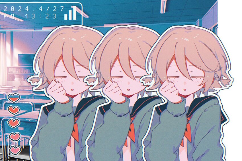 1girl alternate_costume black_sailor_collar bookshelf braid brown_hair cardigan chestnut_mouth classroom clenched_hand closed_eyes commentary desk facing_viewer fluorescent_lamp green_cardigan hand_up heart houkago_strategy_(vocaloid) indoors kajuu_(maimai_maimaa) light_blush long_sleeves multiple_views nurse_robot_type_t open_mouth outline recurring_image sailor_collar school_desk school_uniform serafuku shirt short_hair side_braids signal_bar timestamp upper_body utau white_outline white_shirt