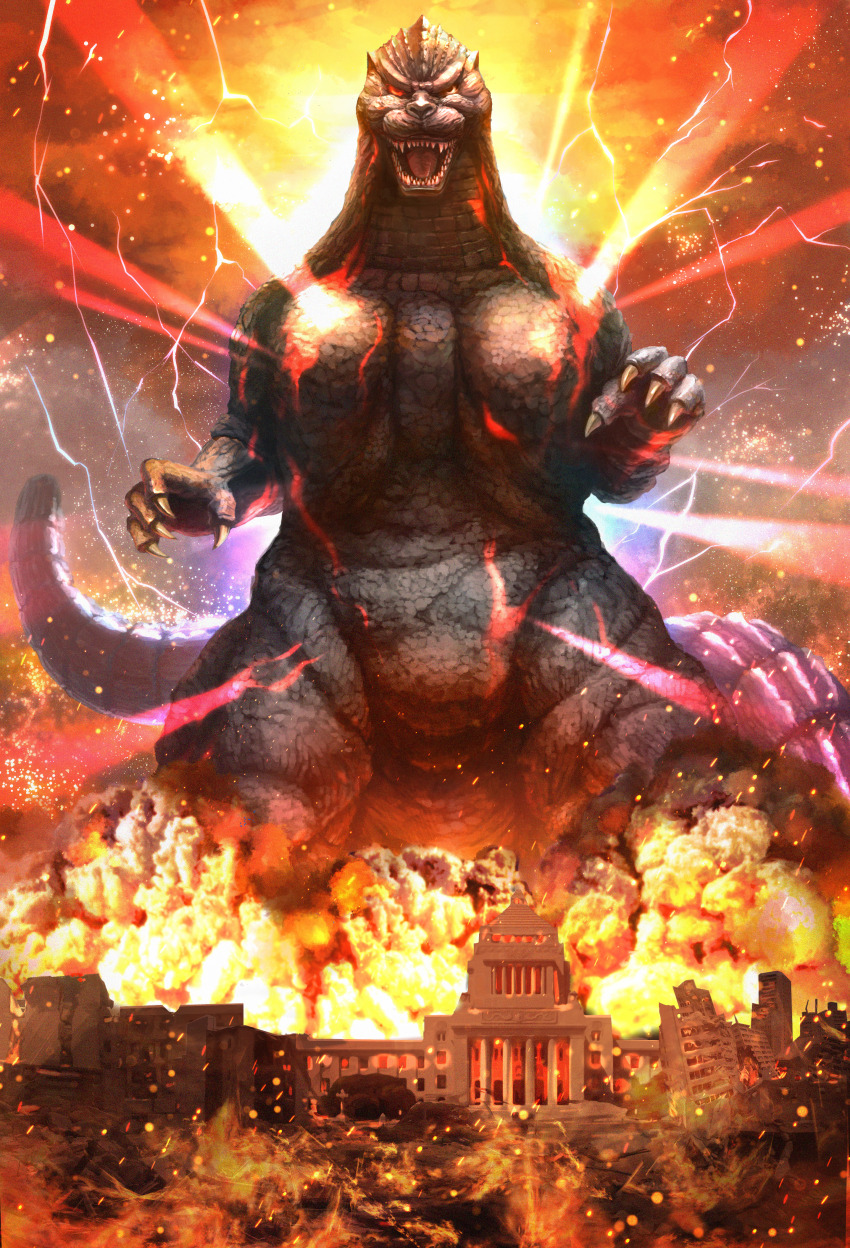 absurdres aura city cloud dai_toro destruction dinosaur electricity embers energy energy_field energy_pulse epic explosion fire glowing glowing_eyes godzilla godzilla_(series) highres kaiju lightning looking_at_viewer national_diet_building no_humans nuclear_pulse pink_electricity real_world_location red_eyes smoke storm tail toho tokyo_(city)