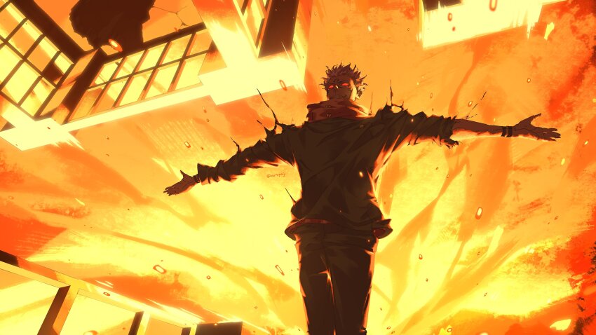 1boy 2023 absurdres arm_markings artpaji building debris destruction evil_grin evil_smile explosion fire glowing glowing_eyes grin highres jujutsu_kaisen molten_metal pink_hair red_eyes ryoumen_sukuna_(jujutsu_kaisen) shibuya_(tokyo) signature smile tokyo_(city) torn_clothes