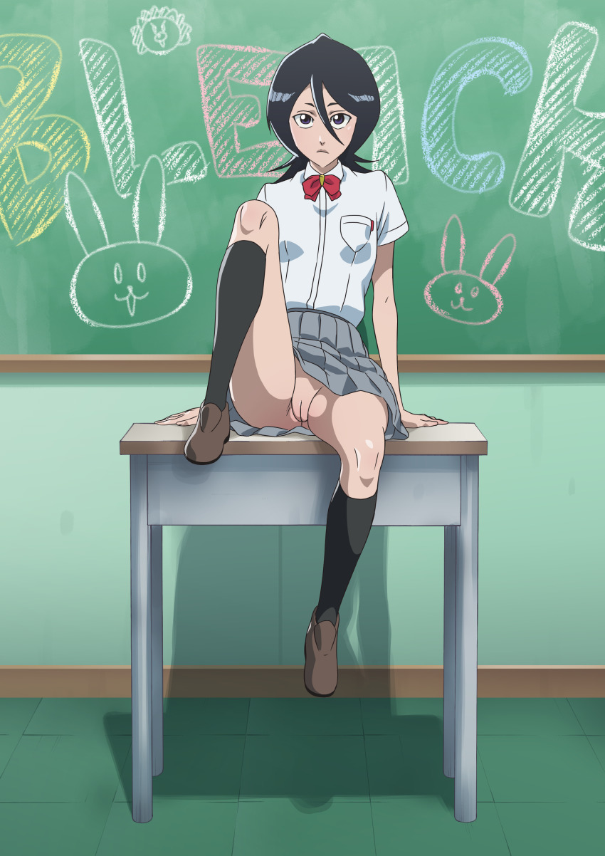 1girl absurdres alternate_hairstyle anime_coloring antoniomalara arms_at_sides black_hair black_socks bleach bow bowtie brown_shoes butt_crack chalkboard chalkboard_writing classroom cleft_of_venus clothes clothes_lift colorful commission commissioner_upload copyright_name desk drop_shadow exposing_self facing_viewer female_focus flat_chest frown full_body full_cleft grey_skirt groin hair_between_eyes highres indoors knee_up kneehighs kuchiki_rukia leg_up legs legs_apart lion loafers looking_at_viewer medium_hair no_panties on_desk petite pleated_skirt pocket pov presenting presenting_pussy purple_eyes pussy rabbit red_bow red_bowtie school school_uniform shadow shiny_skin shirt shoes short_hair short_sleeves sitting skinny skirt skirt_lift socks solo thighs tiles uncensored white_shirt