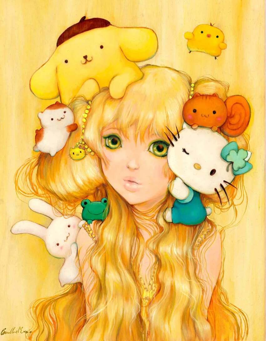 1girl beads bird blonde_hair camilla_d&#039;errico character_charm character_hair_ornament charm_(object) commentary duck duckling green_eyes hair_ornament hello_kitty hello_kitty_(character) highres long_hair one_eye_closed pompompurin rabbit sanrio smile tail thick_lips wavy_hair whiskers yellow_background