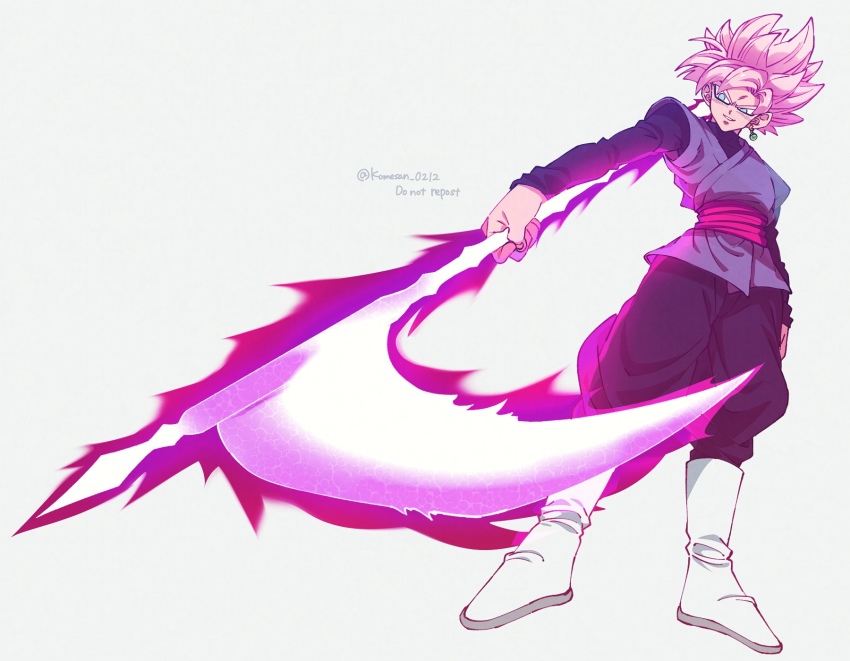 1boy black_dougi black_shirt dougi dragon_ball dragon_ball_super earrings energy_scythe evil_grin evil_smile goku_black grey_eyes grey_tunic grin highres jewelry komesan_0212 long_sleeves pants potara_earrings shirt simple_background single_earring smile solo spiked_hair super_saiyan super_saiyan_rose tunic