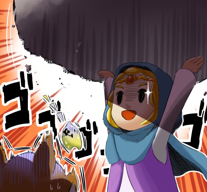 1boy 1girl 2024 :d artist_name boulder cape chibi clenched_teeth cloak comic commentary emphasis_lines fangs gameplay_mechanics holding holding_rock hood hood_up japanese_text kukunokuno long_hair long_sleeves moblin motion_lines nintendo open_mouth pants pointy_ears princess_zelda rock shoes simple_background smile sparkle staff surprised teeth the_legend_of_zelda the_legend_of_zelda:_echoes_of_wisdom tiara tri_(zelda) v-shaped_eyebrows white_background