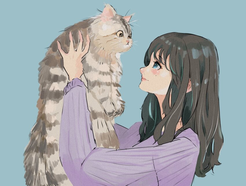 1girl animal animal_ears aqua_background arms_up awatsu_mai blue_eyes blush brown_hair cat cat_day closed_mouth from_side highres holding holding_animal holding_cat long_hair long_sleeves looking_at_another looking_up mole mole_under_eye profile purple_sweater real_life sally_(allogkk) sidelocks simple_background solo sweater upper_body voice_actor