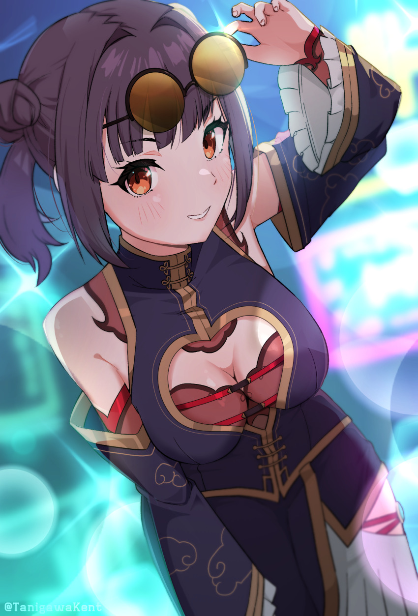 1girl black_hair breasts chinese_clothes cleavage_cutout clothing_cutout double_bun dress hair_bun heaven_burns_red highres li_yingxia official_alternate_costume official_alternate_hairstyle orange_eyes skirt solo tanigawa_kent