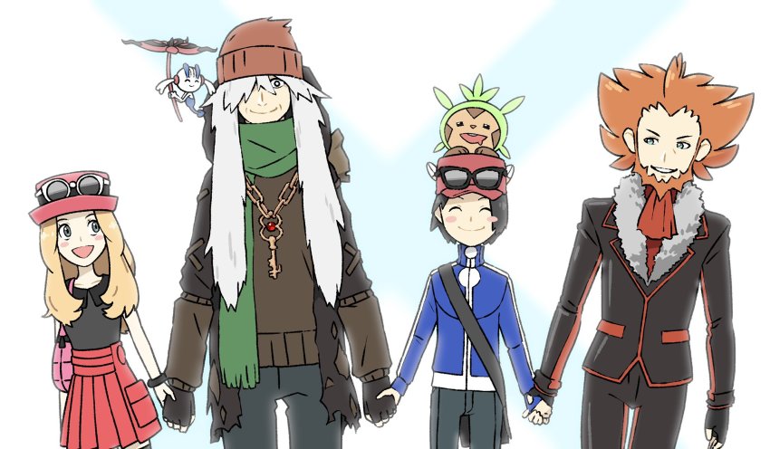 1girl 3boys :d az_(pokemon) beard black_eyes blonde_hair blue_jacket blush_stickers calem_(pokemon) chespin closed_mouth collared_shirt commentary_request eyewear_on_headwear facial_hair fingerless_gloves floette floette_(eternal) fur-trimmed_jacket fur_trim gen_6_pokemon gloves green_scarf grey_eyes grey_hair hat highres holding_hands jacket jewelry key komepan long_hair long_sleeves lysandre_(pokemon) multiple_boys necklace nintendo on_head open_mouth orange_hair pants parted_lips pink_headwear pleated_skirt pokemon pokemon_(creature) pokemon_on_head pokemon_xy red_headwear red_skirt scarf serena_(pokemon) shirt skirt sleeveless sleeveless_shirt smile sunglasses sweater turtleneck turtleneck_jacket