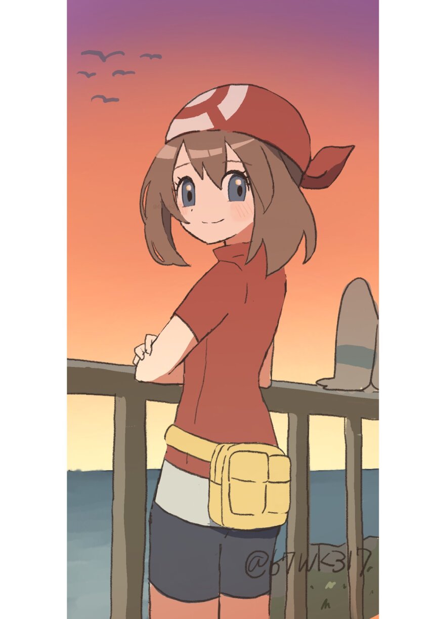 1girl 67wk317 bandana bike_shorts black_shorts brown_hair closed_mouth fanny_pack gen_3_pokemon highres looking_at_viewer may_(pokemon) nintendo pokemon pokemon_(creature) pokemon_rse red_bandana red_shirt shirt short_hair short_sleeves shorts smile sunset twitter_username wingull