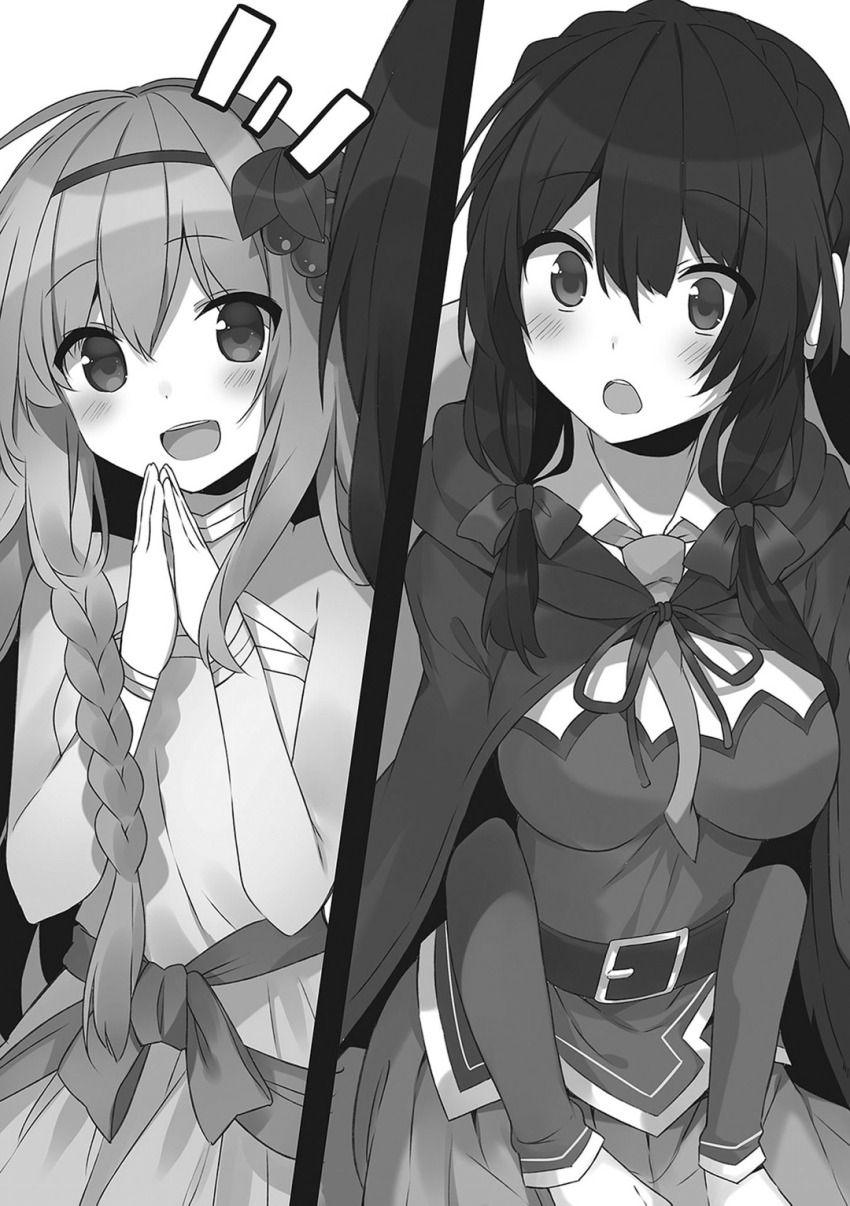 2girls :d :o belt between_breasts blush bow braid breasts cleavage_cutout clothing_cutout collared_shirt cowboy_shot crown_braid dress food food-themed_hair_ornament fruit fruit_hair_ornament grape_hair_ornament grapes greyscale hair_between_eyes hair_bow hair_ornament highres iris_(konosuba) kono_subarashii_sekai_ni_shukufuku_wo! large_breasts long_hair long_sleeves low_twintails mishima_kurone monochrome multiple_girls necktie necktie_between_breasts non-web_source notice_lines novel_illustration official_art open_mouth own_hands_clasped own_hands_together ribbon sash shirt skirt small_breasts smile twintails wide-eyed yunyun_(konosuba)
