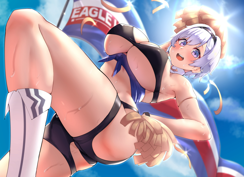 1girl arm_up armpits azur_lane belt_bra black_bra black_hairband blush bra breasts cheering cheerleader cleavage collarbone eagle_union_(emblem) groin hairband highres holding holding_pom_poms large_breasts midriff navel no_shirt open_mouth panties parted_hair pom_pom_(cheerleading) pom_poms reno_(azur_lane) reno_(biggest_little_cheerleader)_(azur_lane) topless_female topless_male underboob underwear underwear_only ushimittsu