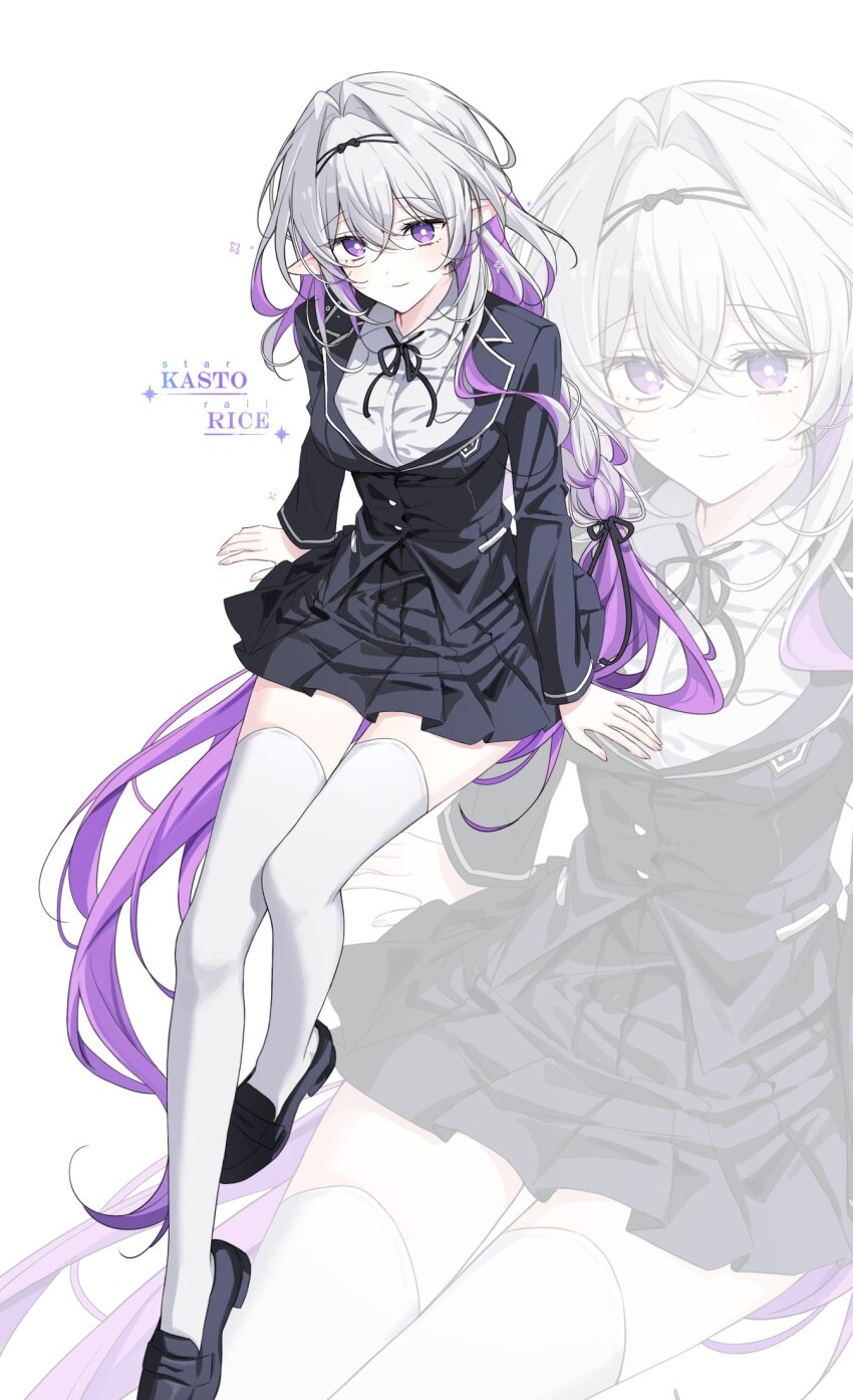 1girl alternate_costume black_shoes black_skirt black_vest breasts castorice_(honkai:_star_rail) cjdcjd616 commentary highres honkai:_star_rail honkai_(series) looking_at_viewer medium_breasts pointy_ears purple_eyes purple_hair school_uniform shirt shoes skirt solo symbol-only_commentary thighhighs thighs vest white_shirt white_thighhighs winter_uniform zettai_ryouiki zoom_layer