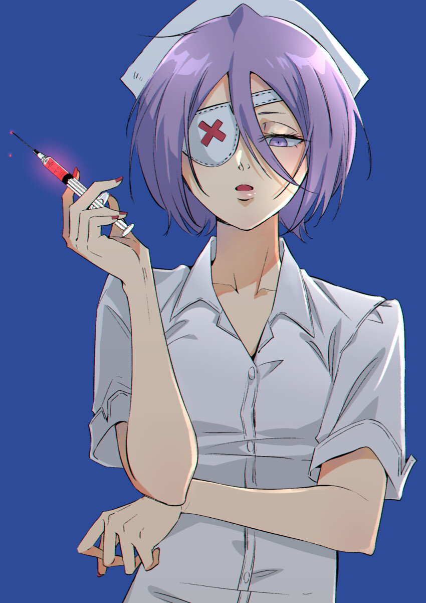 1girl bleach blue_background eyepatch hair_between_eyes half-closed_eyes hat highres holding holding_needle kuchiki_rukia long_bangs looking_at_viewer medical_eyepatch needle nurse nurse_cap open_mouth purple_eyes purple_hair shirt short_hair short_sleeves solo upper_body white_shirt yshjsw