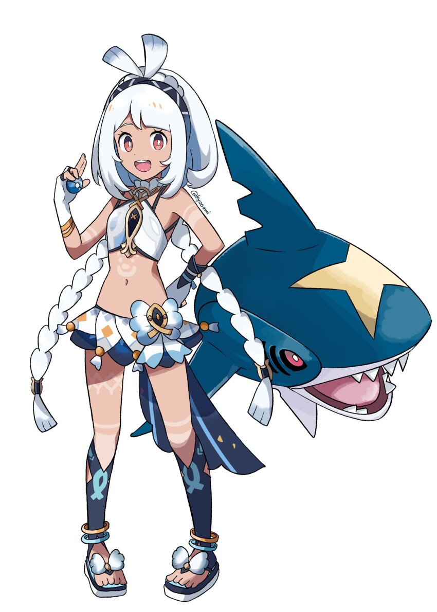 blue_hair body_markings crossover dive_ball fish-shaped_pupils full_body gen_3_pokemon genshin_impact gradient_hair highres holding kyooami long_hair low-braided_long_hair low-tied_long_hair mualani_(genshin_impact) multicolored_hair navel nintendo parody poke_ball pokemon red_eyes sharpedo simple_background style_parody tan very_long_hair white_background