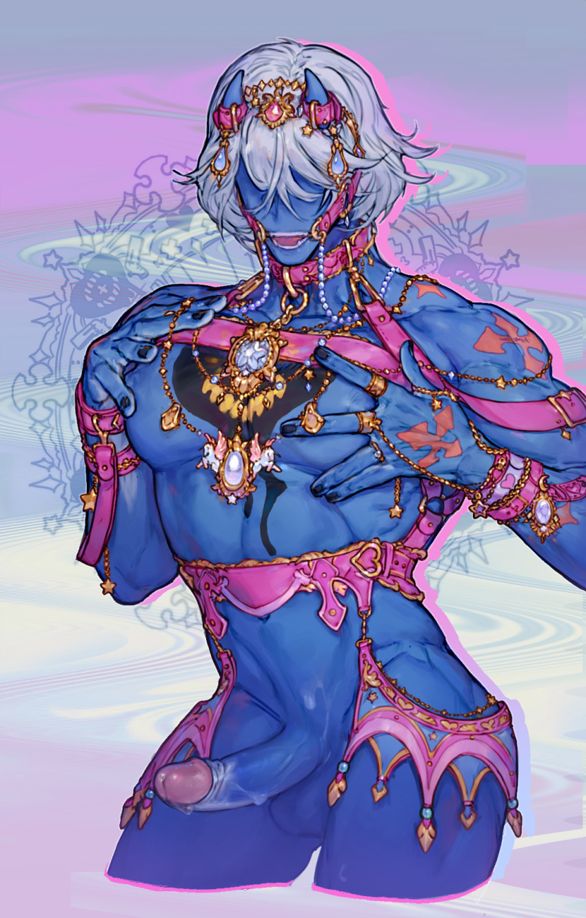 1boy blue_skin colored_skin erection grabbing_another&#039;s_breast groping groping_self guilty_gear guilty_gear_strive happy_chaos harness highres horn horns jewelry leather leather_straps male_focus mouth_hook muscular muscular_male nude pearls penis pink_outfit pink_straps tattoo white_hair