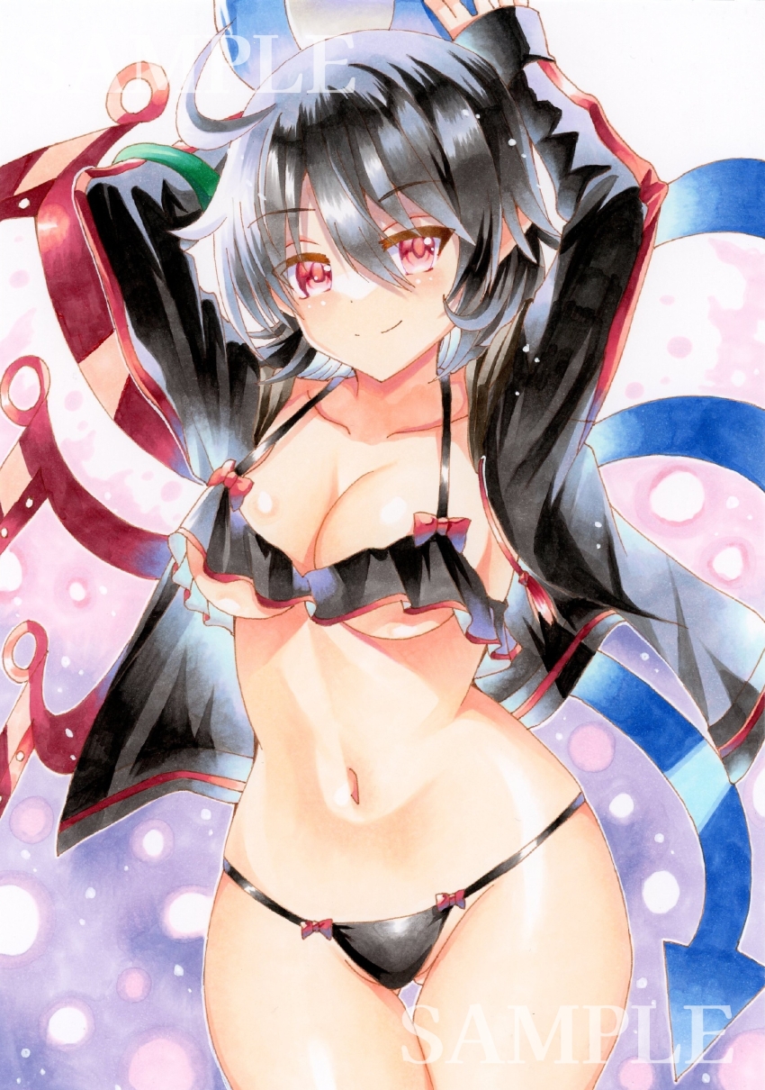 1girl absurdres arms_up asymmetrical_wings ball beachball black_hair black_shirt blue_wings breasts cleavage closed_mouth commentary_request cowboy_shot hair_between_eyes highres holding holding_ball holding_beachball houjuu_nue huyugiri_luna large_breasts looking_at_viewer marker_(medium) navel open_clothes open_shirt red_eyes red_wings sample_watermark shirt short_hair smile solo split_mouth swimsuit touhou traditional_media watermark wings