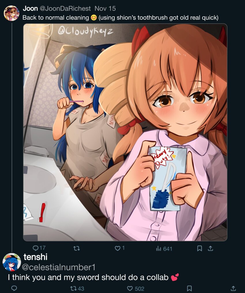 2girls alternate_costume bathroom blue_bow blue_eyes blue_hair blush bow brown_eyes brushing_teeth closed_mouth cloudykeyz commentary dated drill_hair english_commentary english_text fake_screenshot hair_bow heart_emoji highres hinanawi_tenshi light_brown_hair long_hair looking_at_viewer mirror multiple_girls ofuda ofuda_on_clothes pajamas profile_picture red_bow short_sleeves siblings sink sisters smile smile_emoji toilet_brush toothbrush touhou twin_drills twitter twitter_username watermark wide_sleeves yorigami_jo&#039;on yorigami_shion