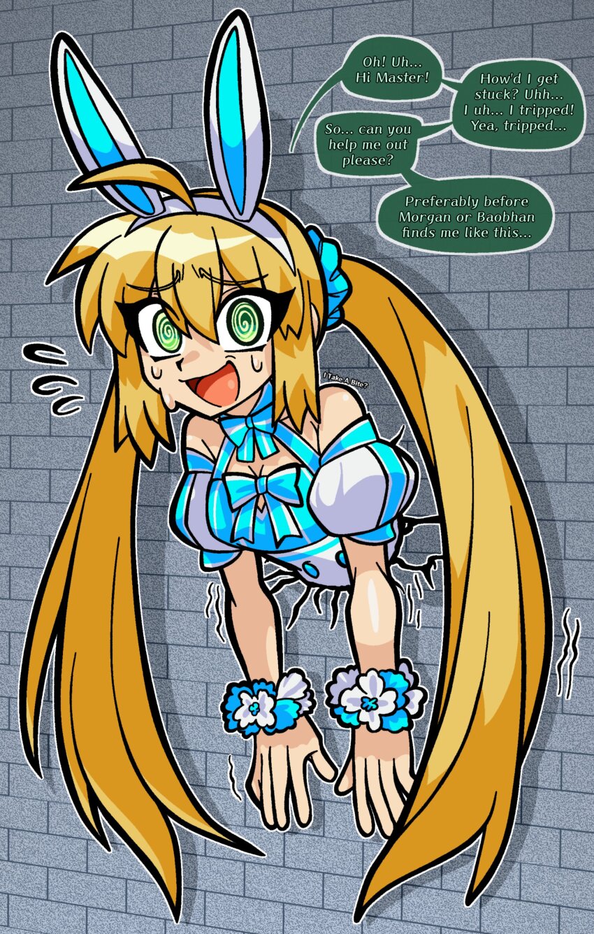 @_@ absurdres animal_ears artoria_caster_(fate) artoria_caster_(swimsuit_berserker)_(fate) artoria_caster_(swimsuit_berserker)_(second_ascension)_(fate) artoria_pendragon_(fate) blonde_hair blue_dress breasts dress fake_animal_ears fate/grand_order fate_(series) green_eyes highres itakeabite open_mouth rabbit_ears smile speech_bubble sweat through_wall twintails