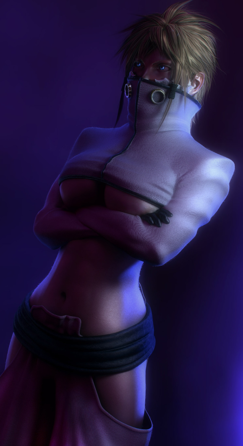 00s 1girl 3d arrancar bleach blonde_hair blue_eyes breasts crossed_arms dark-skinned_female dark_skin female_focus gloves highres hollow_(bleach) number_tattoo realistic revealing_clothes solo tattoo tier_harribel underboob wen_jr