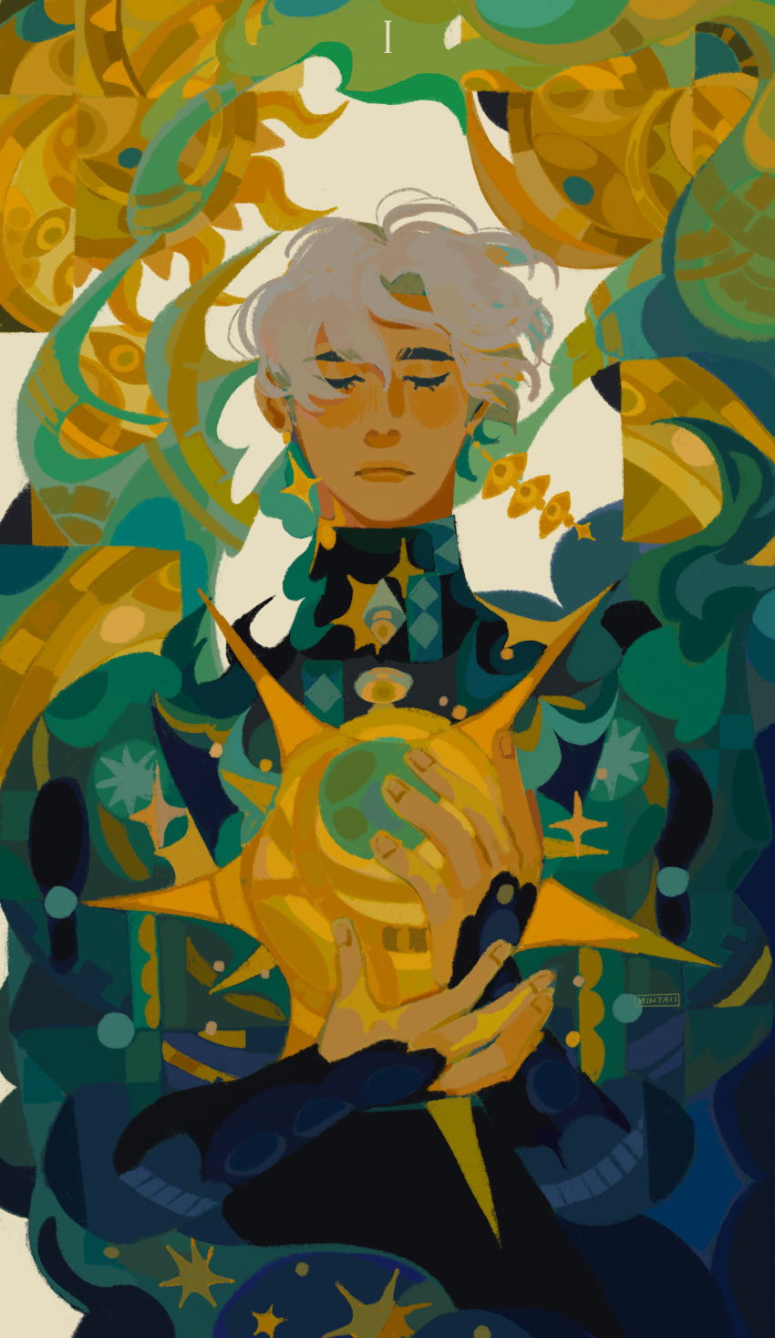 1boy abstract_background absurdres analogous_colors androgynous bracer card_(medium) closed_eyes closed_mouth colored_smoke commentary disembodied_eye earrings english_commentary eyeball_earrings fantasy frown gold gold_earrings green_shirt hands_up high_collar highres holding holding_orb jewelry long_sleeves male_focus orb original roman_numeral shirt short_hair smoke solo sparkle_earrings spearmintaii sun tarot tarot_(medium) the_magician_(tarot) turtleneck upper_body white_hair
