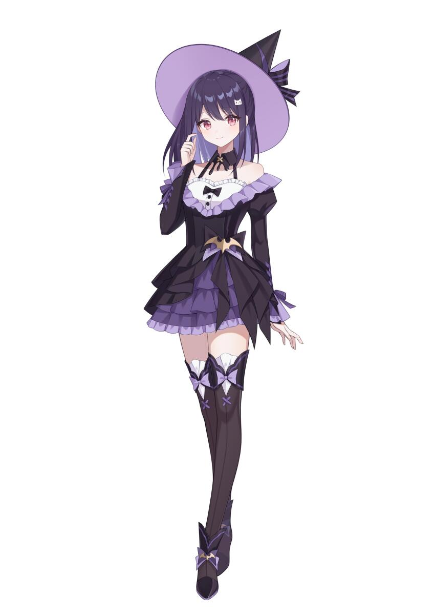 1girl absurdres bare_shoulders bat_ornament bcy black_bow black_dress black_footwear black_thighhighs bow bow_legwear cat_hair_ornament closed_mouth collarbone crossed_legs detached_collar dress dress_bow frilled_dress frills full_body hair_ornament halloween halloween_costume hand_on_own_face hand_up hat hat_bow highres juliet_sleeves layered_sleeves lolita_fashion long_sleeves looking_at_viewer medium_hair miao_jiujiu off-shoulder_dress off_shoulder puffy_sleeves purple_bow purple_dress purple_hair red_eyes short_dress smile solo standing thighhighs two-tone_dress watson_cross white_background witch_hat yuejiu zettai_ryouiki