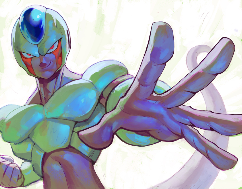 1boy alien bald clenched_hand colored_skin cooler_(dragon_ball) dragon_ball dragonball_z facial_mark garrett_hanna looking_at_viewer male_focus muscular muscular_male outstretched_hand purple_skin red_eyes smirk solo tail upper_body white_background
