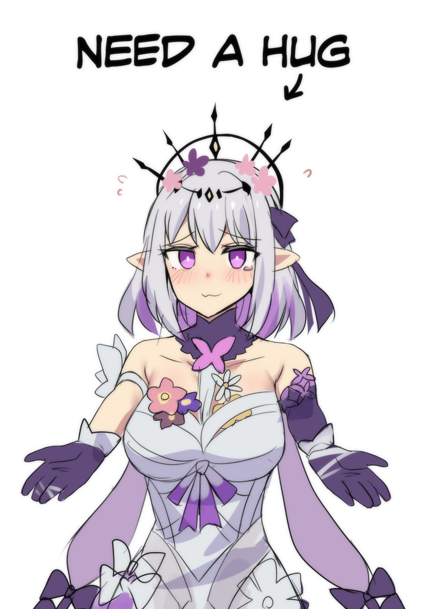 1girl :3 absurdres arrow_(symbol) bare_shoulders blush breasts bright_pupils castorice_(honkai:_star_rail) collarbone dress grey_dress grey_hair highres hinghoi honkai:_star_rail honkai_(series) looking_at_viewer medium_breasts medium_hair pointy_ears purple_eyes smile solo tiara upper_body white_pupils