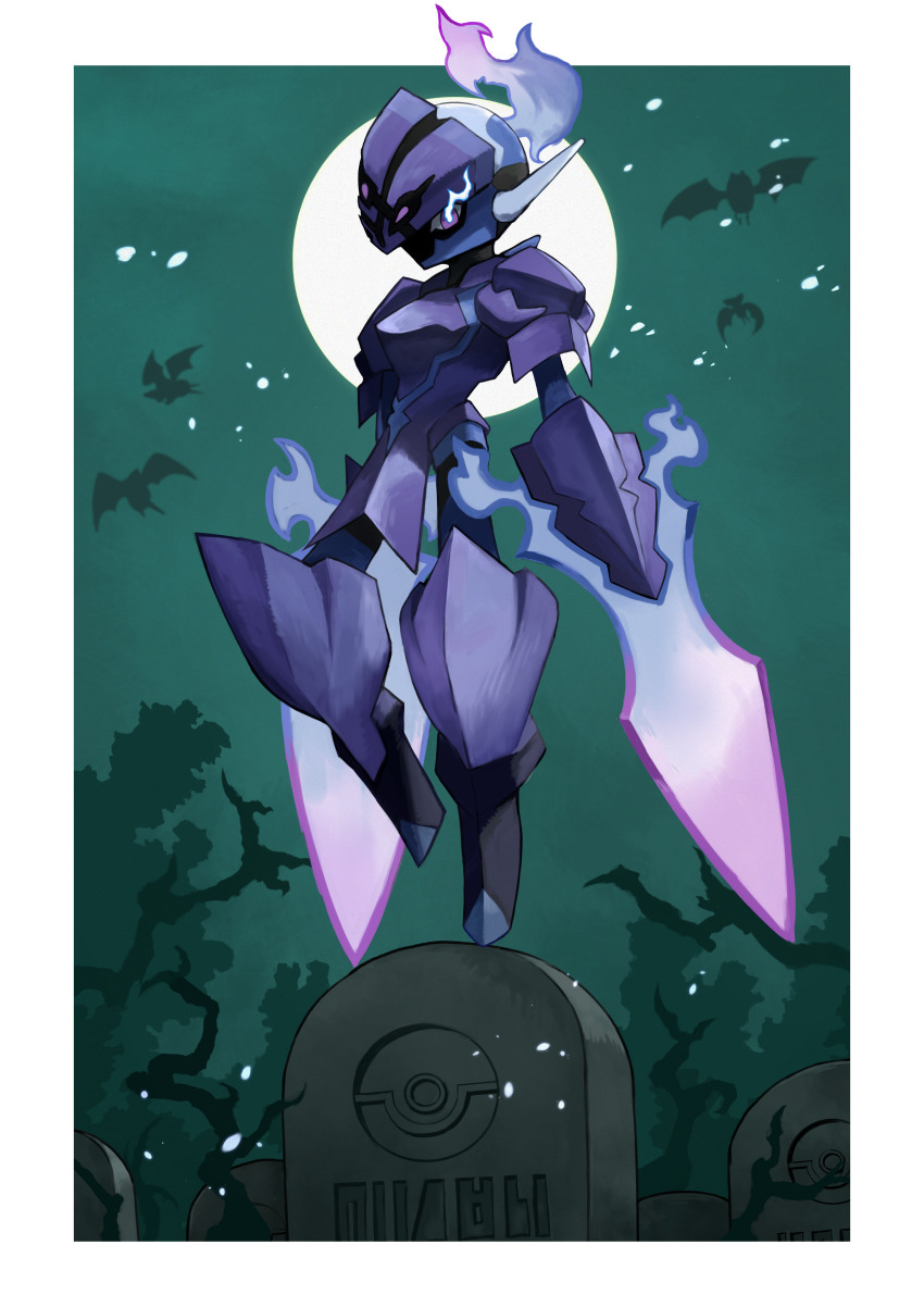 absurdres border ceruledge commentary_request eye_trail flaming_eyes gen_1_pokemon golbat highres light_trail moon night nintendo no_humans outdoors poke_ball_print pokemon pokemon_(creature) punikiman silhouette standing tombstone white_border zubat