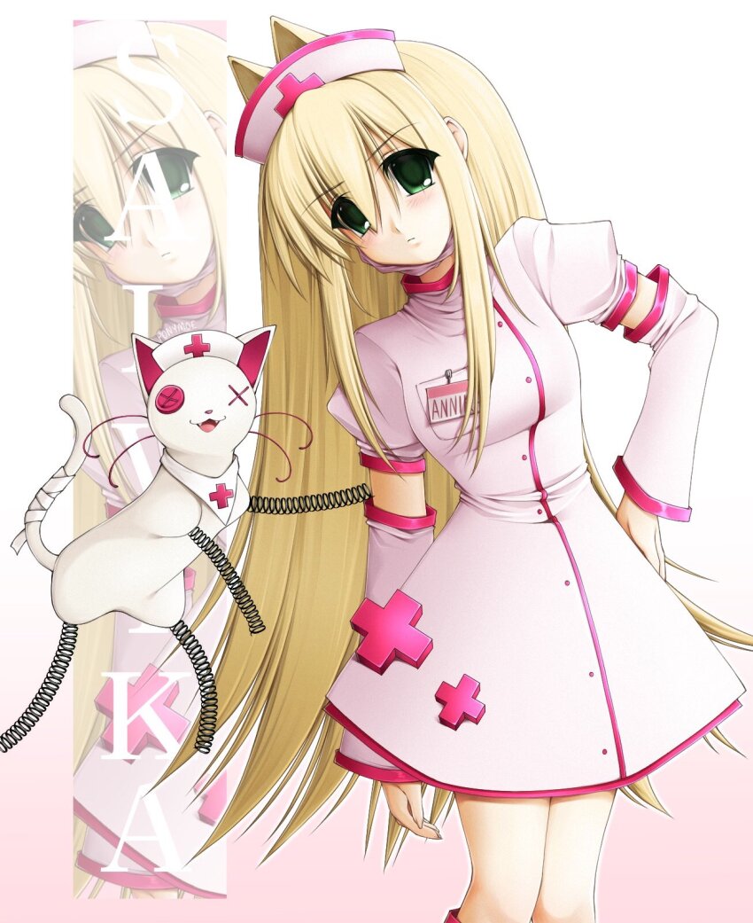 1girl 2000s_(style) annika_(ponymoe) blonde_hair blush cat closed_mouth dress faux_retro_artstyle green_eyes hair_intakes hat highres long_hair original ponymoe spring_(object) tareme very_long_hair zoom_layer