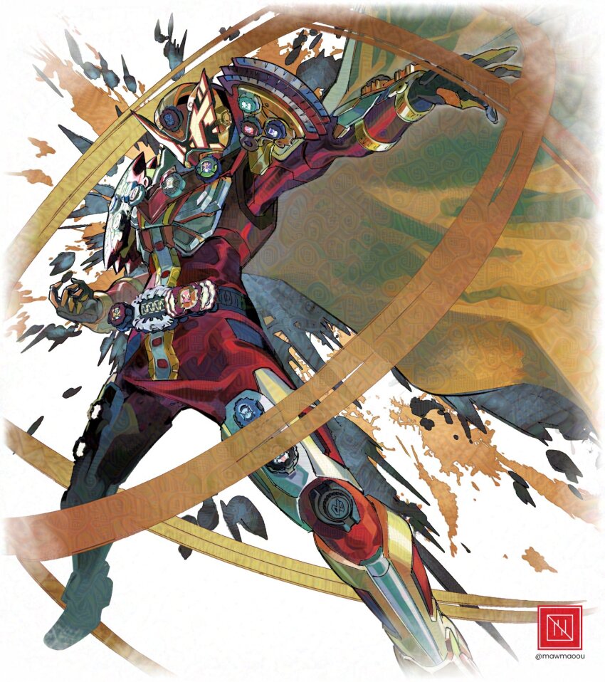 1boy alternate_costume armor bodysuit cape english_text geiz_majesty geiz_majesty_rider_watch gloves gold_armor gold_ring highres kamen_rider kamen_rider_geiz kamen_rider_zi-o_(series) male_focus mawmaoou official_alternate_costume open_hand red_armor red_bodysuit rider_watch sheath sheathed sky tokusatsu yellow_cape yellow_gloves ziku_driver
