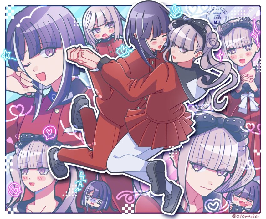 1boy 1girl alternate_hair_color black_bow black_hairband black_headband black_shoes blush border bow brother_and_sister chibi closed_eyes closed_mouth dancing full_body hair_between_eyes hairband headband heart hetero holding_hands incest long_hair long_sleeves multiple_expressions one_eye_closed open_mouth pants pantyhose pink_eyes pink_hair pleated_skirt purple_hair red_pants red_skirt shoes siblings simple_background skirt smile star_(symbol) the_hundred_line_-last_defense_academy- tsukumo_ima tsukumo_kako turning_head twincest twins twintails white_border white_pantyhose wink