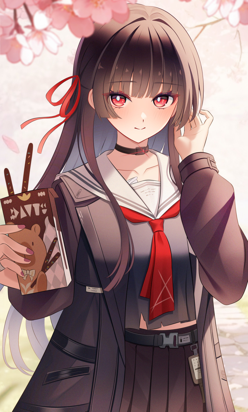 1girl absurdres black_choker black_hair black_jacket black_serafuku black_shirt black_skirt box breasts chijiandeyusang chisa_(wuthering_waves) choker closed_mouth collarbone commentary cowboy_shot food hair_ribbon hand_up highres holding holding_box jacket long_hair looking_at_viewer medium_breasts midriff_peek mole mole_under_eye pocky red_eyes red_ribbon ribbon sailor_collar school_uniform serafuku shirt skirt smile solo white_sailor_collar wuthering_waves