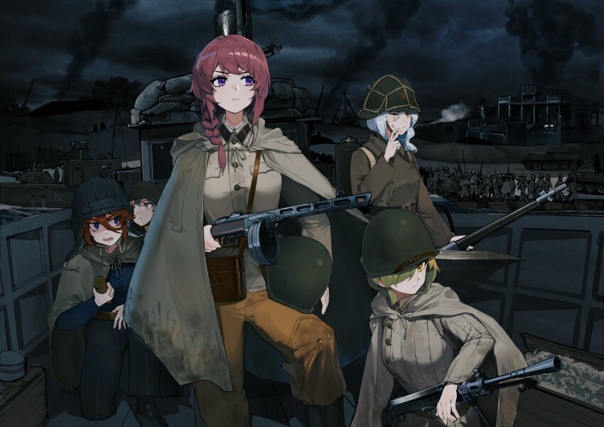 5girls 6+boys absurdres anti-tank_gun between_fingers black_footwear black_headwear black_pants blue_eyes boots braid brown_hair brown_pants cigarette cloak closed_mouth cloud cloudy_sky collared_shirt combat_helmet commentary_request dp-27 dress_shirt explosive green_hair green_headwear grenade grey_cloak grey_hair grey_shirt gun hair_between_eyes hair_over_one_eye hair_over_shoulder helmet highres holding holding_cigarette holding_grenade holding_gun holding_weapon hood hood_down hooded_cloak jacket landing_craft long_sleeves looking_away military military_vehicle motor_vehicle multiple_boys multiple_girls night night_sky original outdoors padded_jacket pants ppsh-41 purple_eyes red_star shirt single_braid sky smoke soviet star_(symbol) submachine_gun t-34 tank telogreika tuziki_sang v-shaped_eyebrows weapon weapon_request yellow_eyes