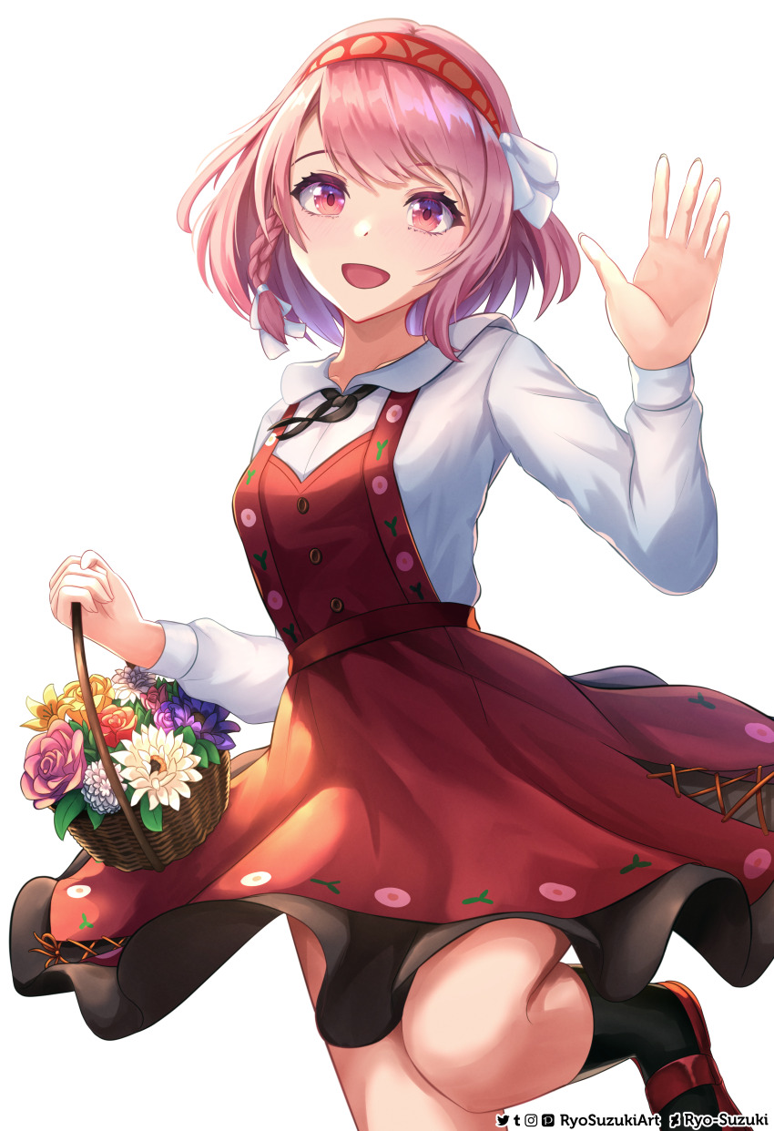 1girl :d absurdres basket black_socks braid fire_emblem fire_emblem_engage flower hair_ornament hair_ribbon hairband hand_up highres holding holding_basket lapis_(fire_emblem) long_sleeves looking_at_viewer nintendo official_alternate_costume open_mouth pink_eyes pink_hair red_footwear red_hairband ribbon ryo-suzuki shirt short_hair simple_background smile socks solo twitter_username two-tone_hairband white_background white_ribbon white_shirt