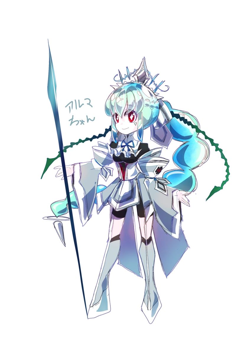1girl absurdres blue_hair digimon dress female_focus highres long_hair personification red_eyes smile solo yggdrasill_(digimon) yggdrasill_7d6