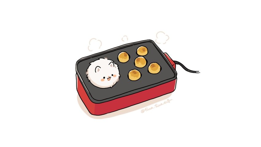 :3 animal animal_focus artist_name black_eyes blush_stickers dog fluffy food from_above fuwa_fuwa_dog griddle no_humans open_mouth original shadow simple_background solid_circle_eyes solo steam takoyaki takoyaki_pan twitter_username white_background